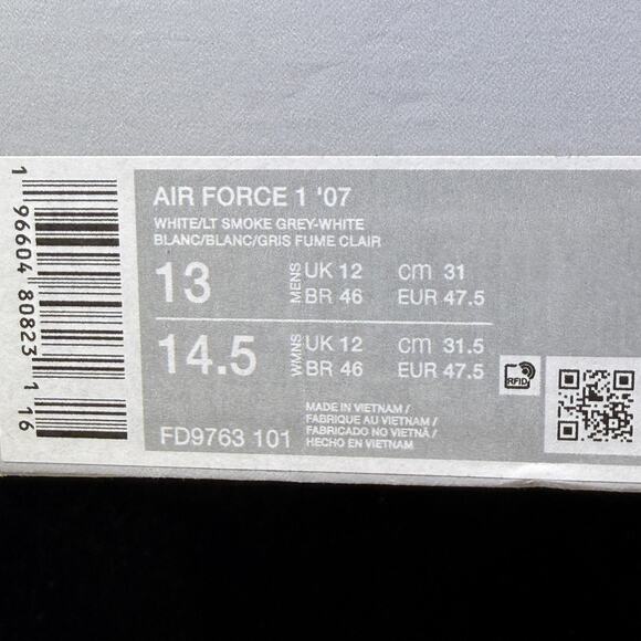 Nike Air Force 1 \'07 Shoes White Light Smoke Grey Men\'s | Size 13 FD9763-101